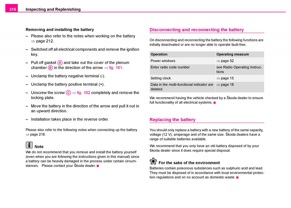 manual  Skoda Superb I 1 owners manual / page 217