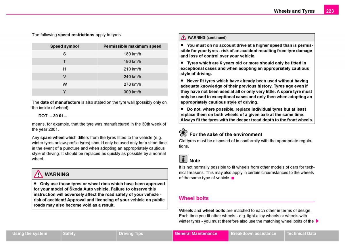 manual  Skoda Superb I 1 owners manual / page 224