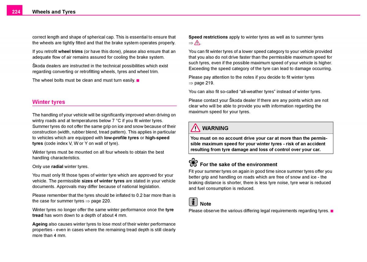 manual  Skoda Superb I 1 owners manual / page 225