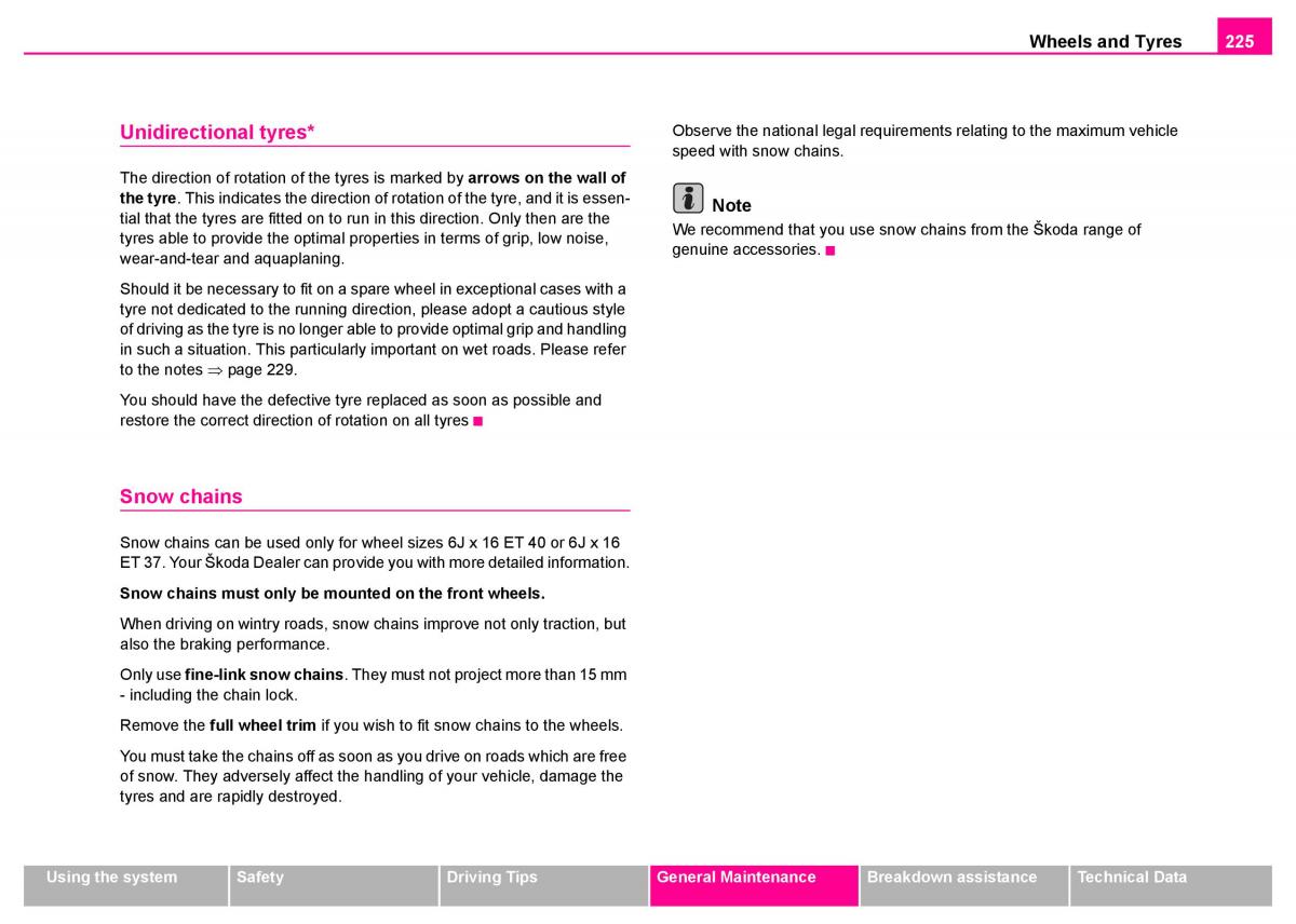 manual  Skoda Superb I 1 owners manual / page 226