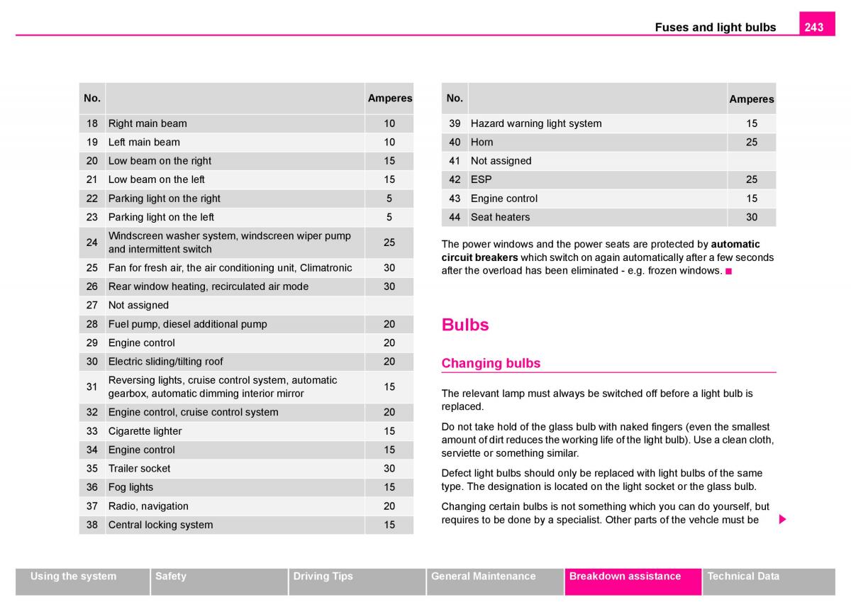 manual  Skoda Superb I 1 owners manual / page 244