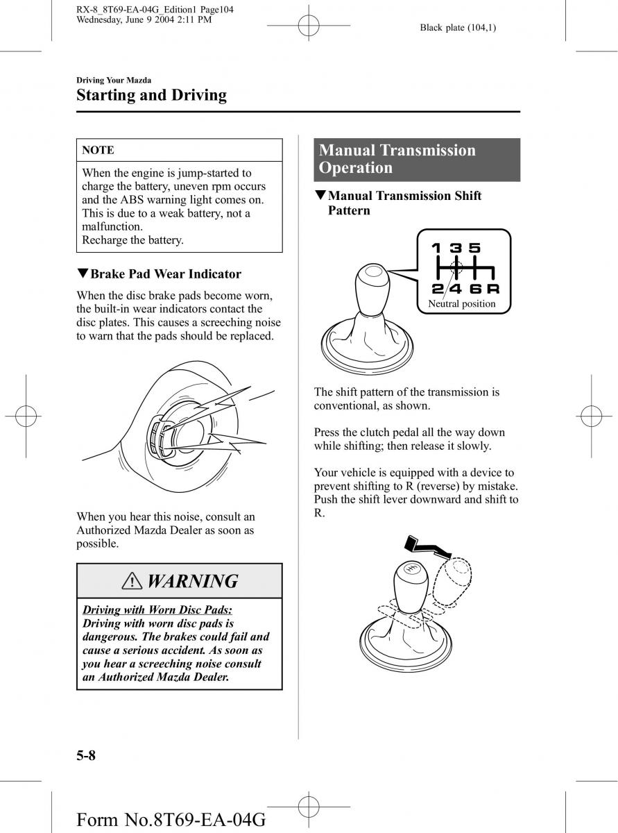 Mazda RX 8 owners manual / page 104