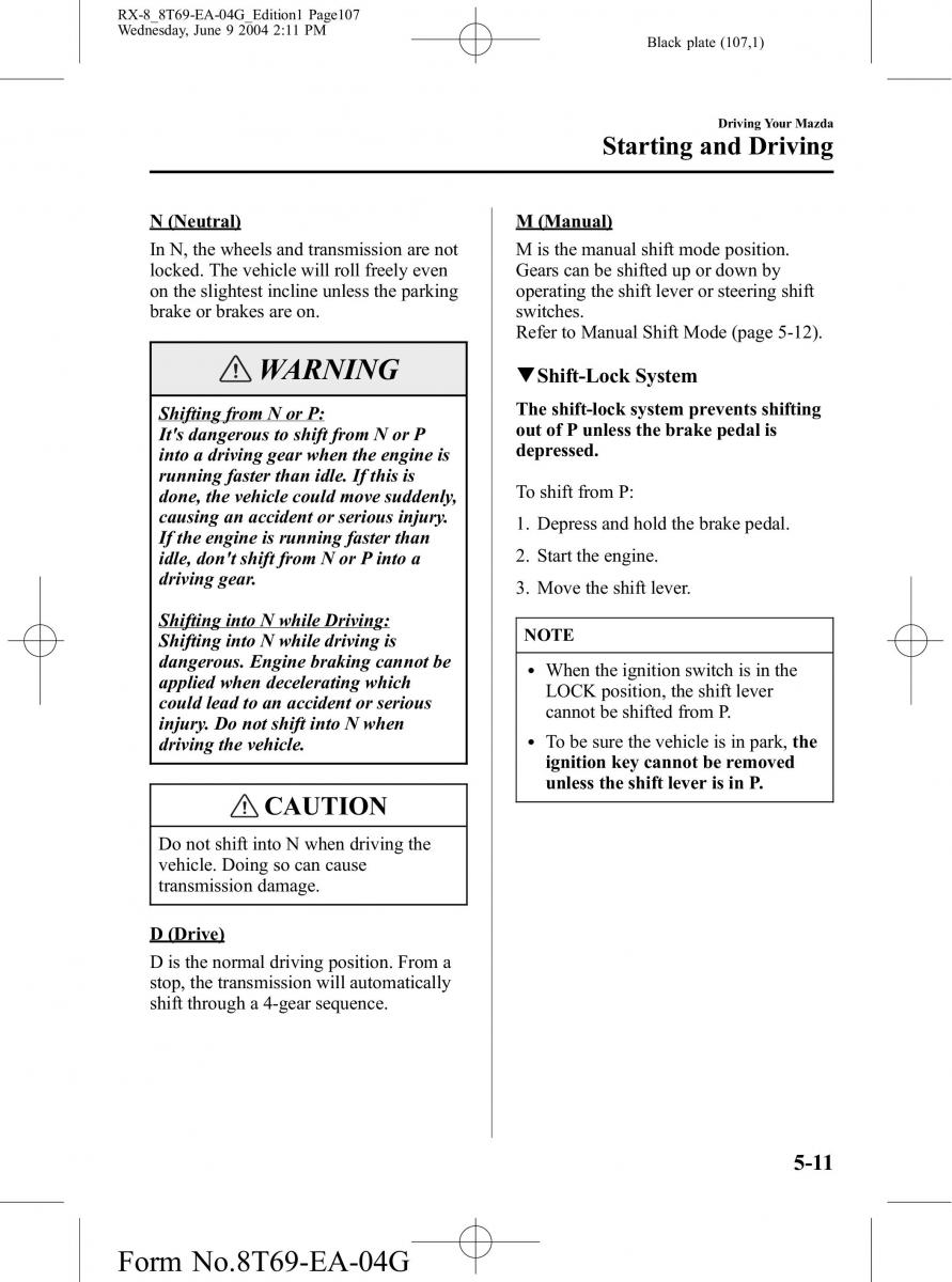 Mazda RX 8 owners manual / page 107