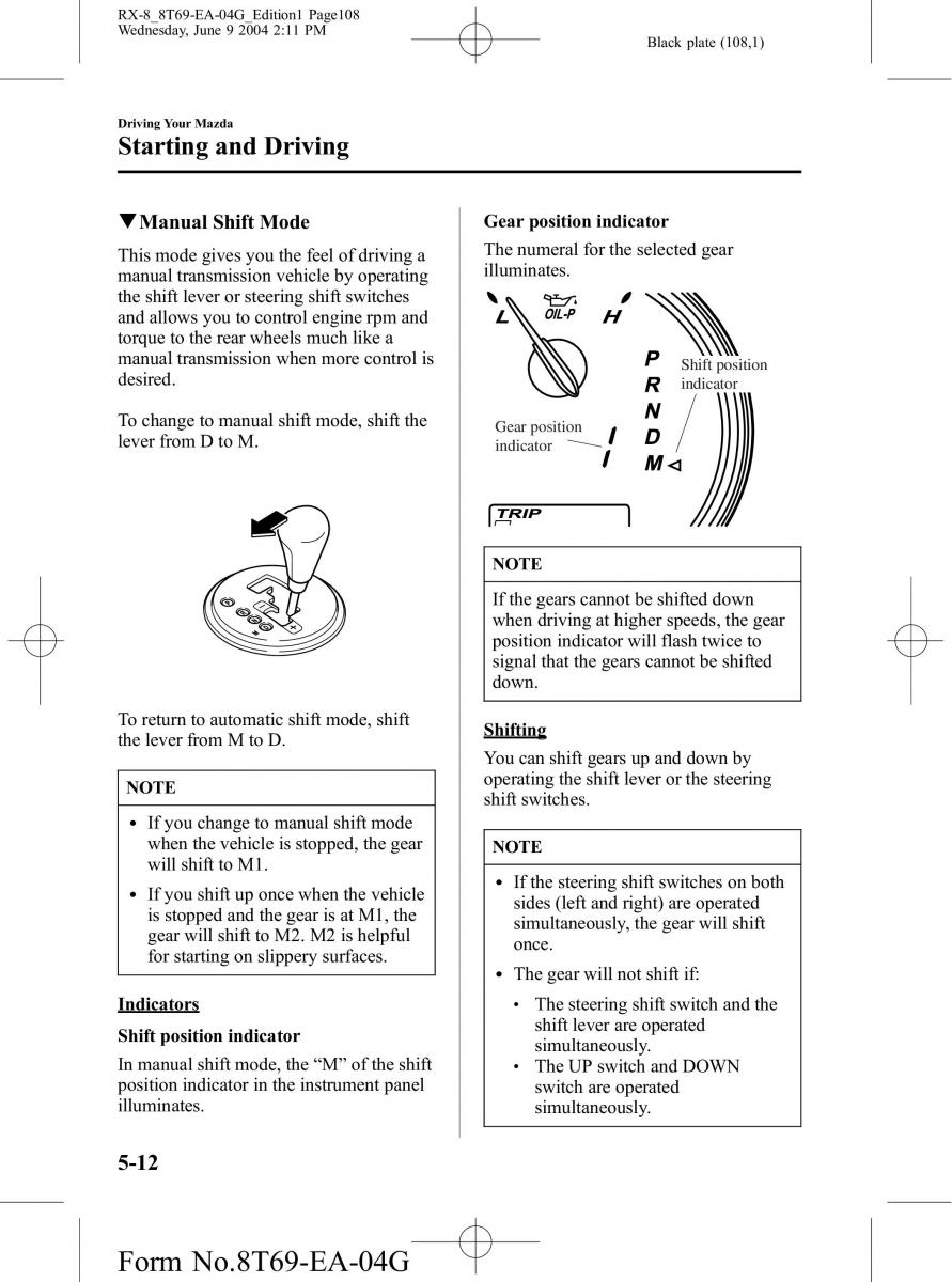 Mazda RX 8 owners manual / page 108