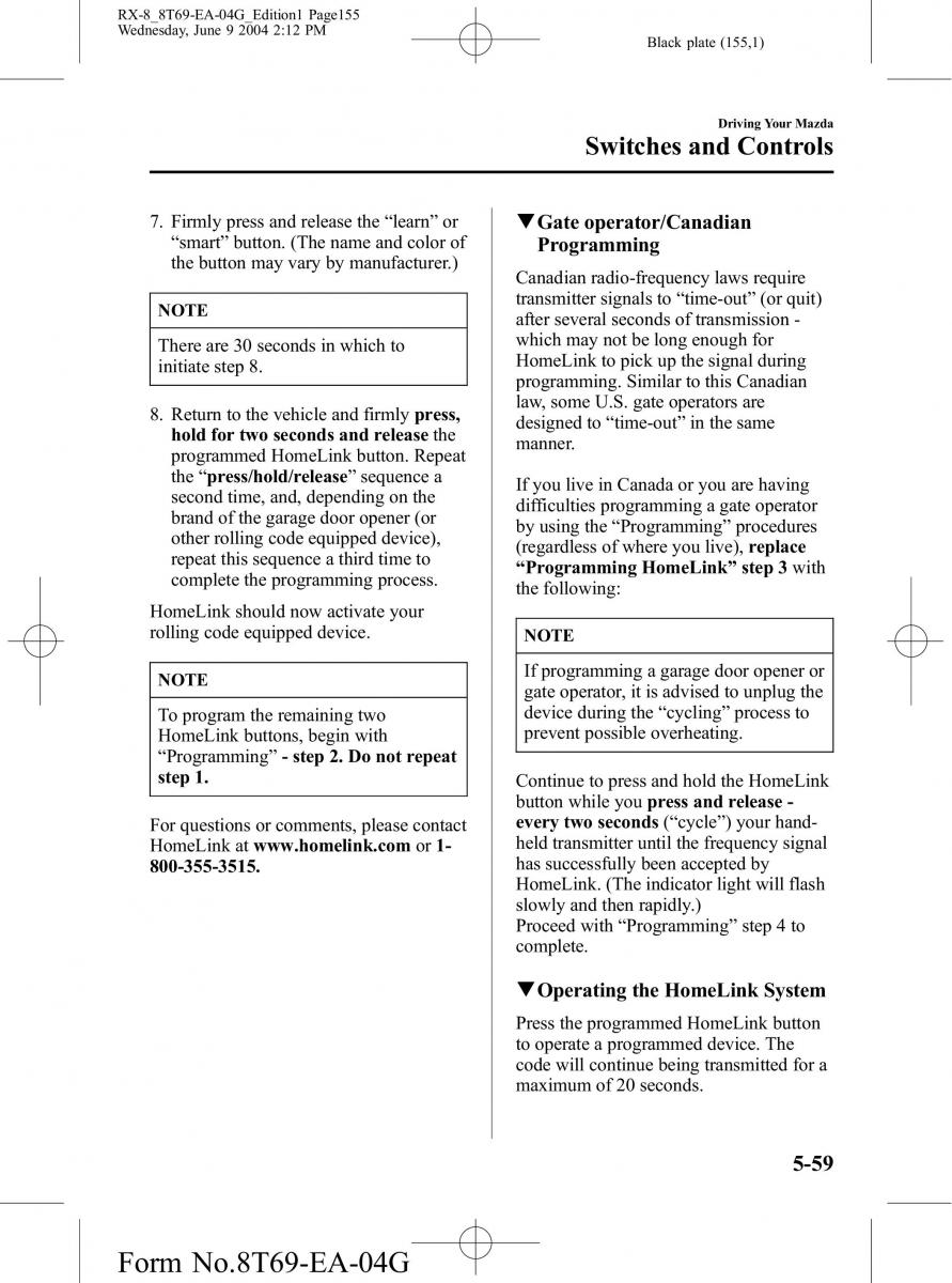 Mazda RX 8 owners manual / page 155