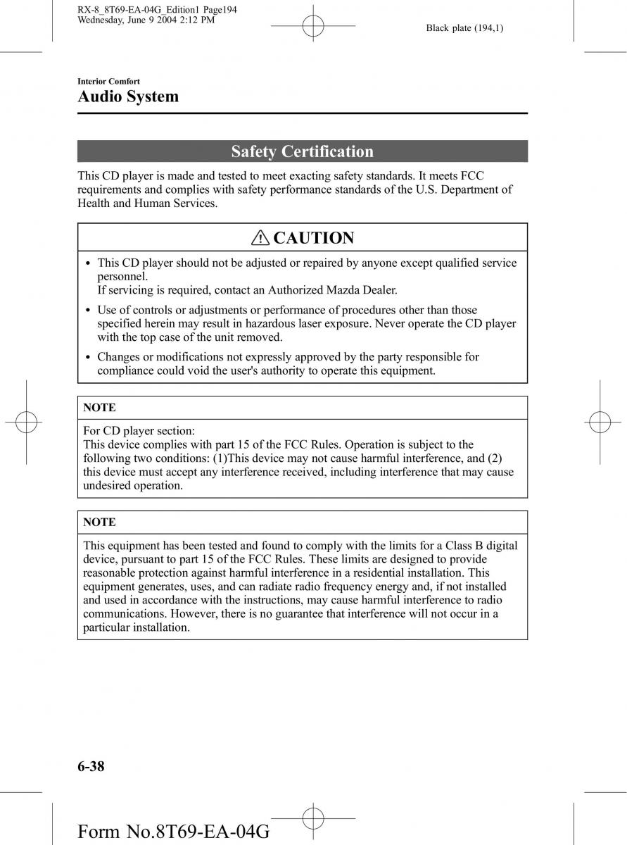 Mazda RX 8 owners manual / page 194