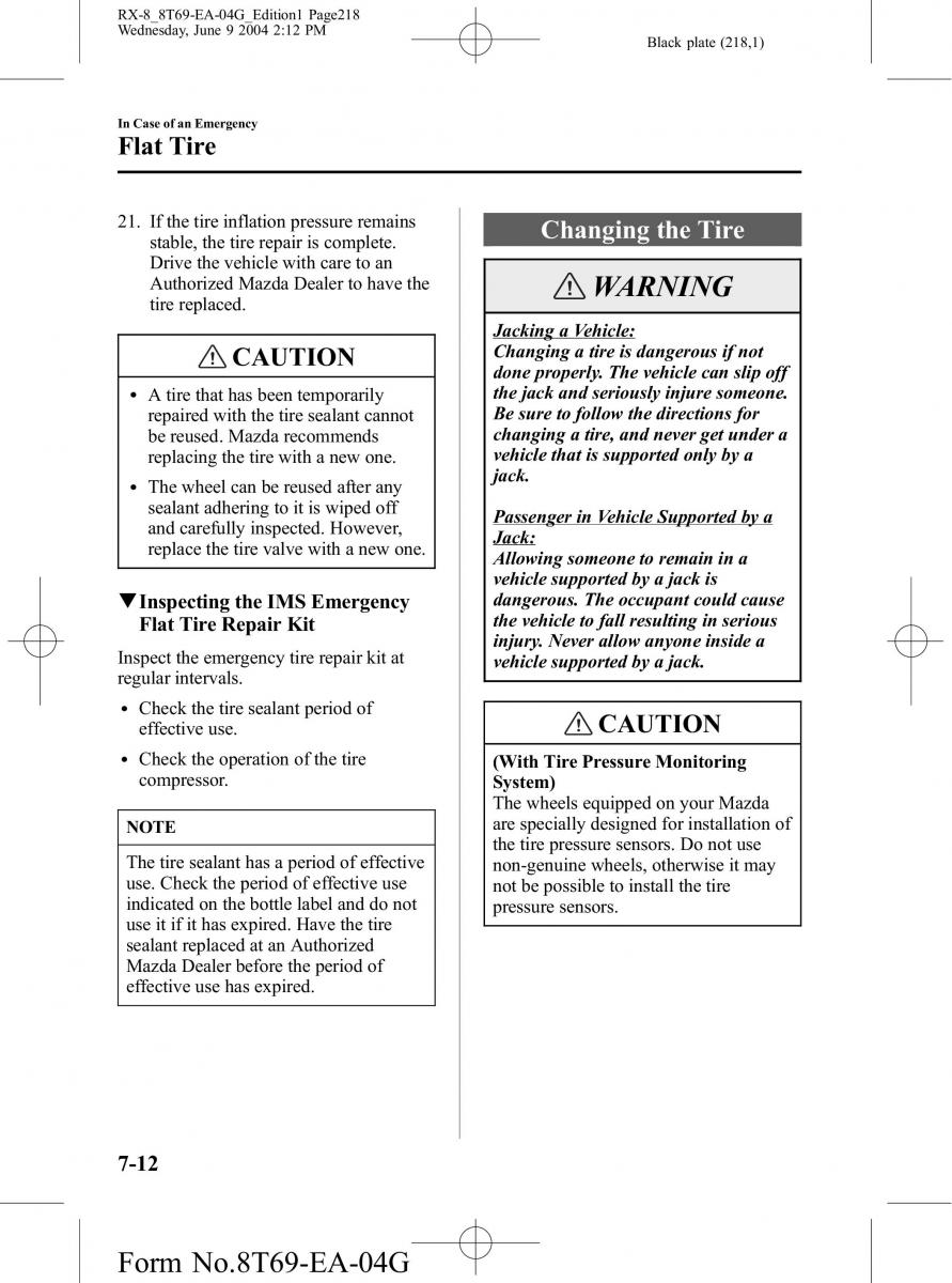 Mazda RX 8 owners manual / page 218