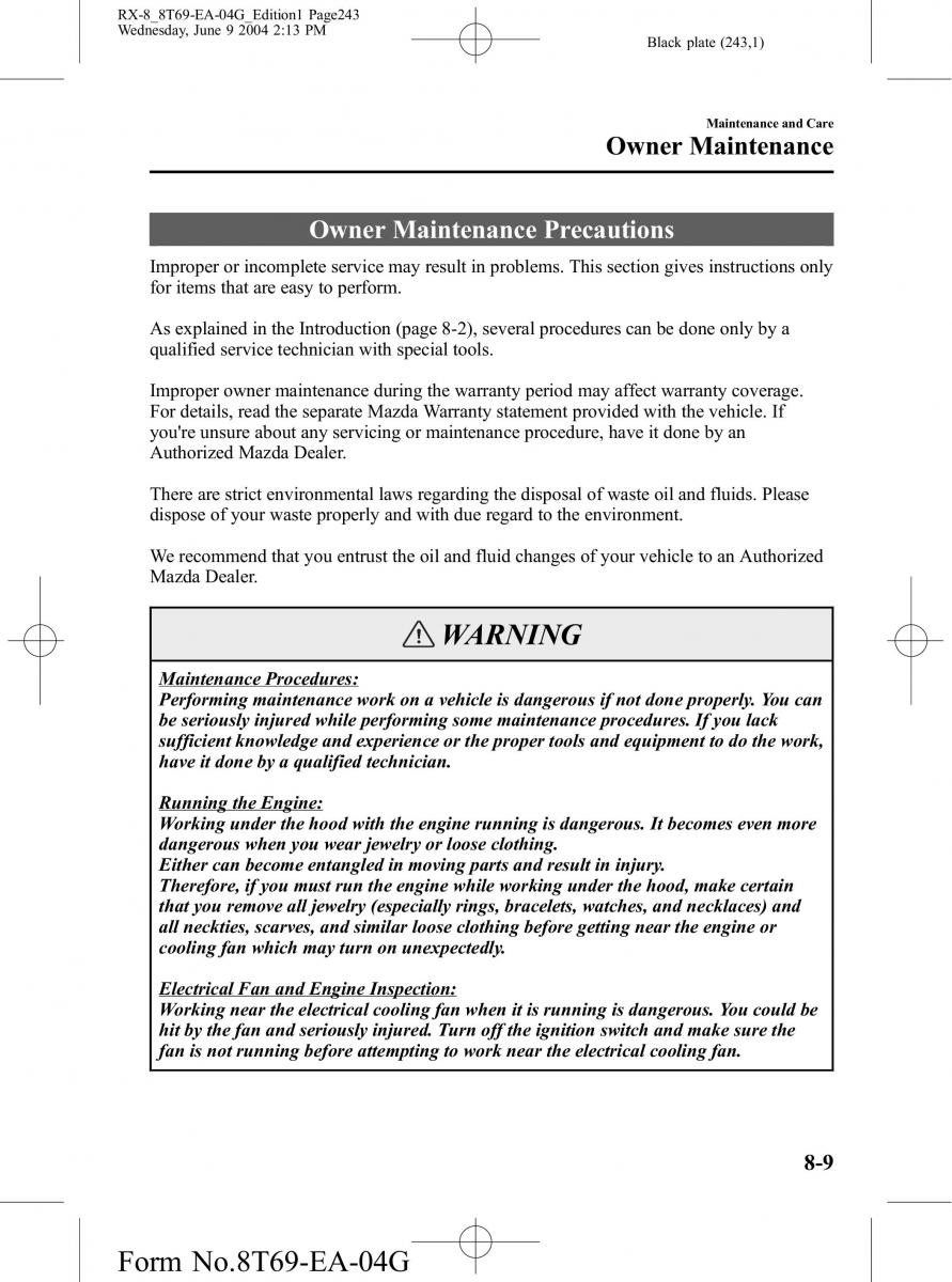 Mazda RX 8 owners manual / page 243