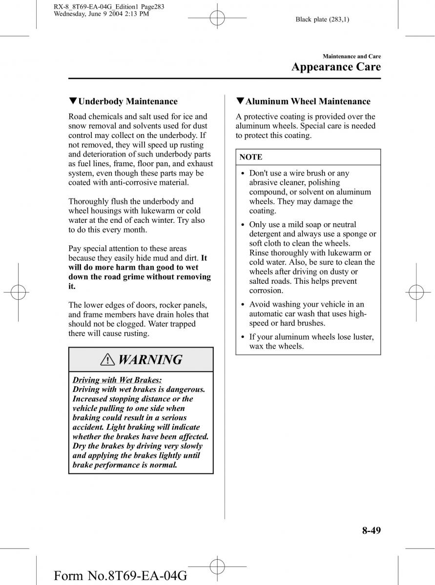 Mazda RX 8 owners manual / page 283