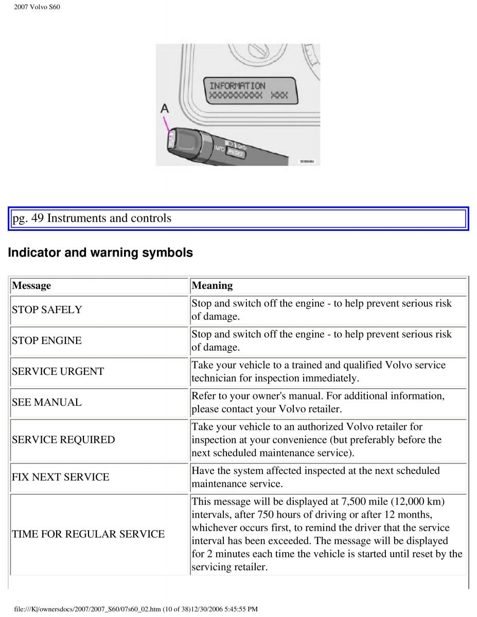 Volvo S60 owners manual / page 55