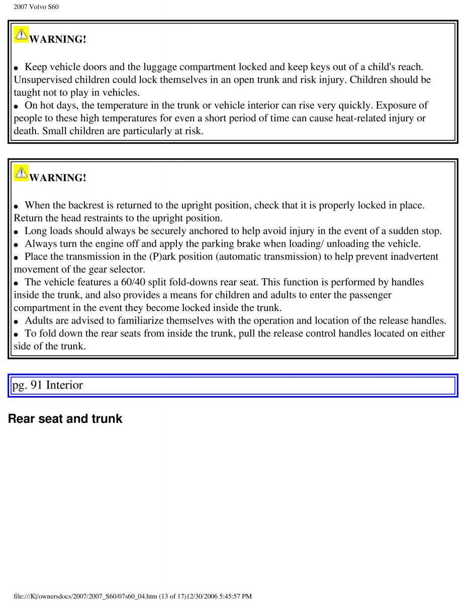 Volvo S60 owners manual / page 105