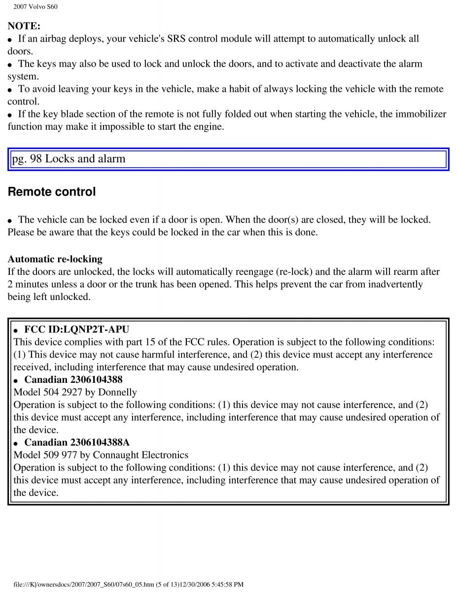 Volvo S60 owners manual / page 114