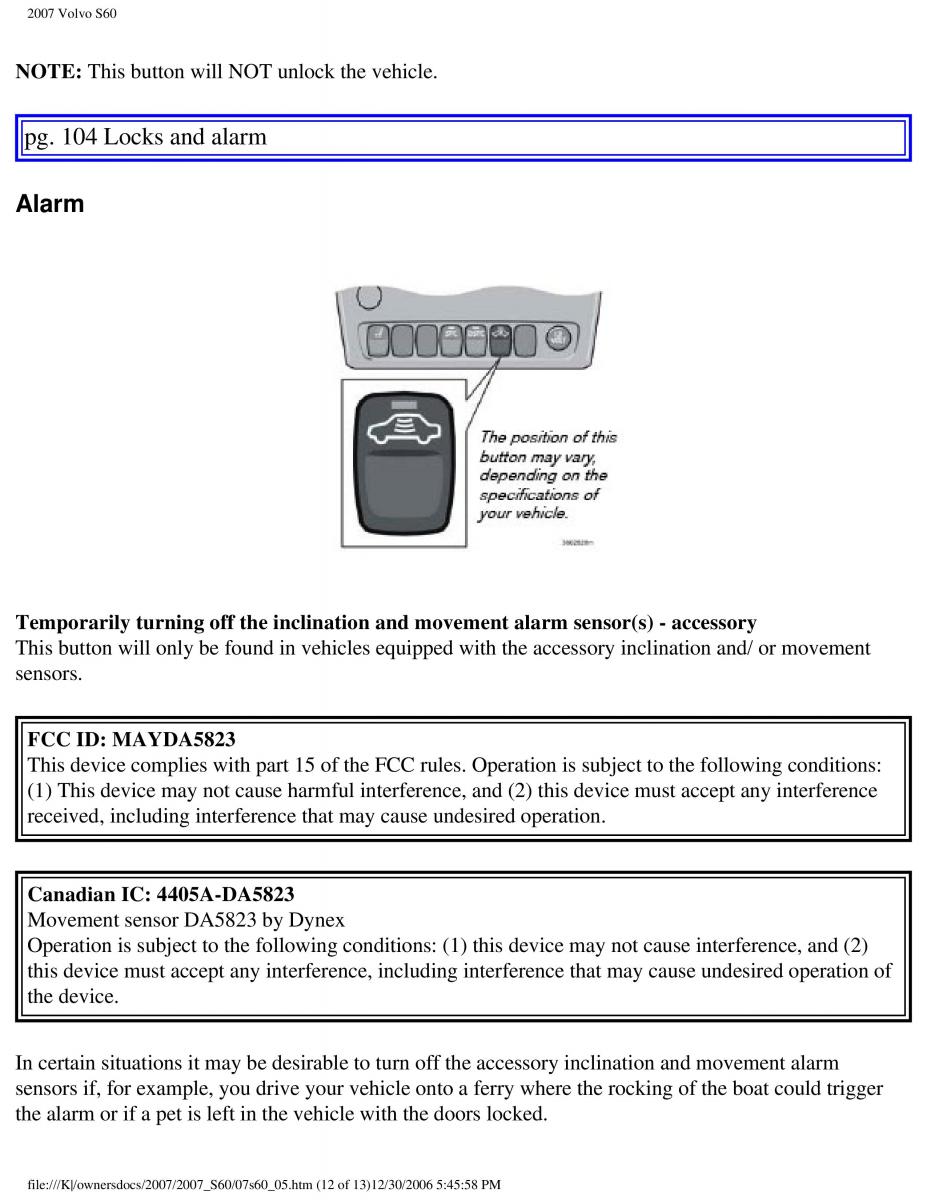 Volvo S60 owners manual / page 121