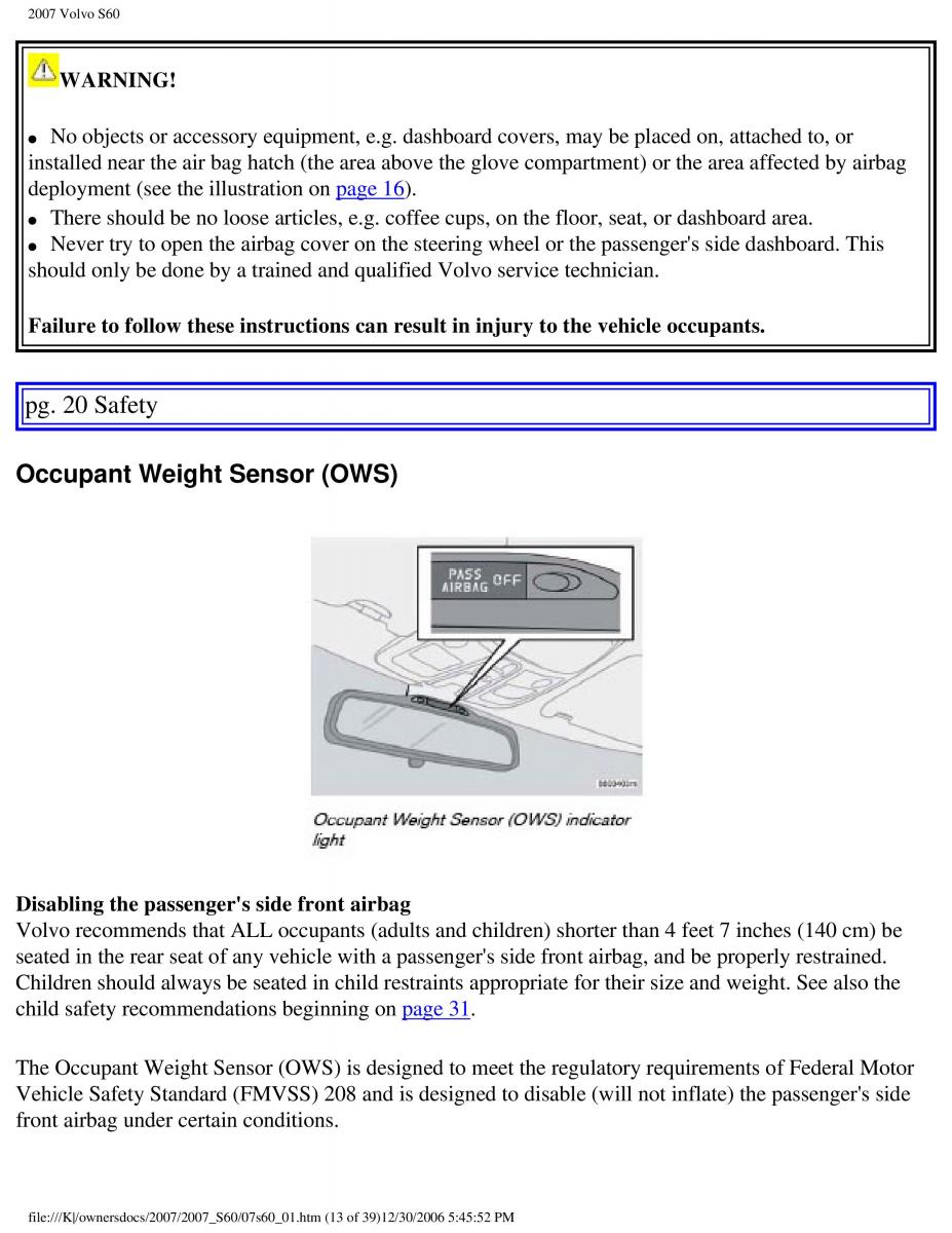 Volvo S60 owners manual / page 19