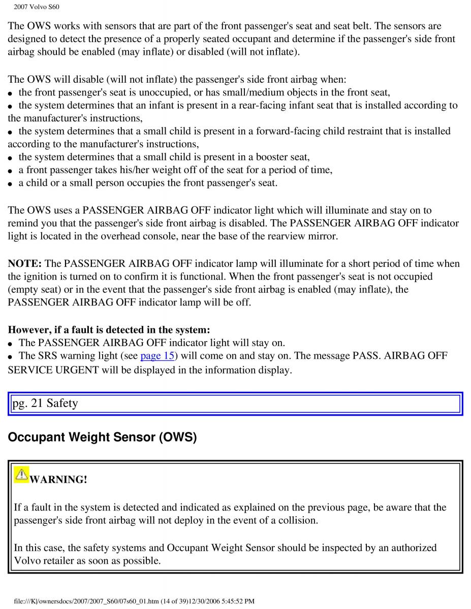 Volvo S60 owners manual / page 20