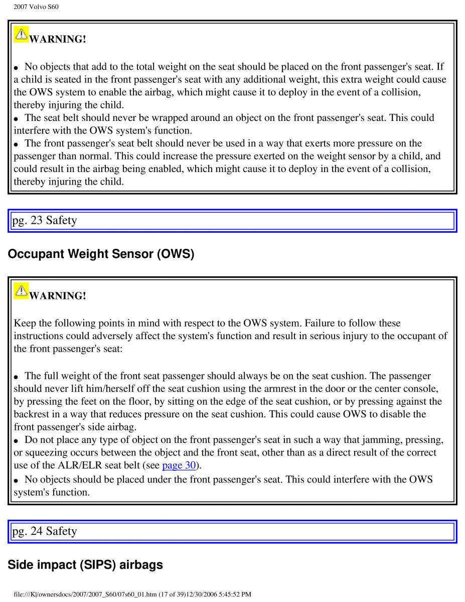 Volvo S60 owners manual / page 23