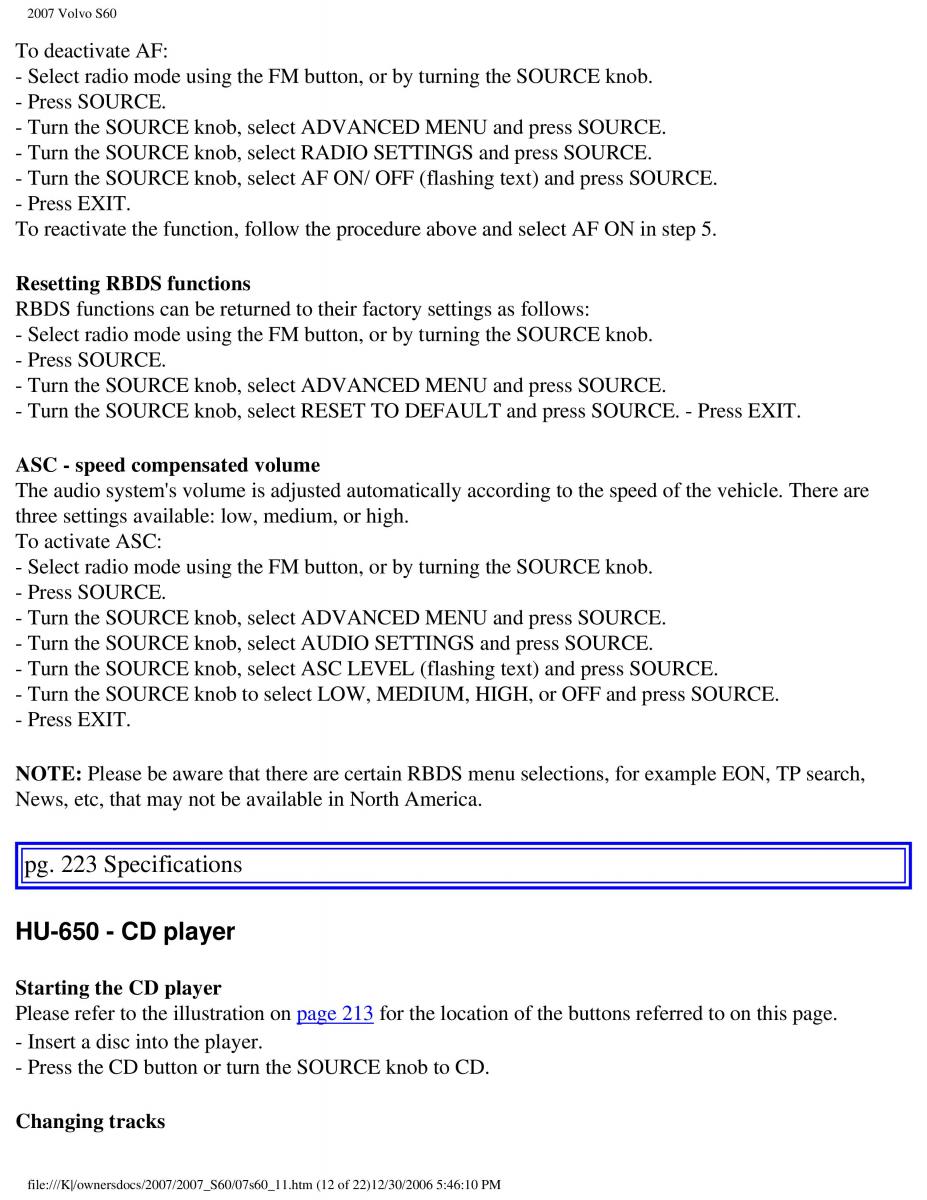 Volvo S60 owners manual / page 255