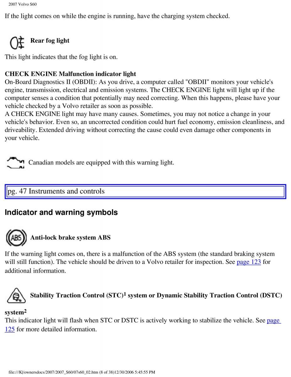 Volvo S60 owners manual / page 53