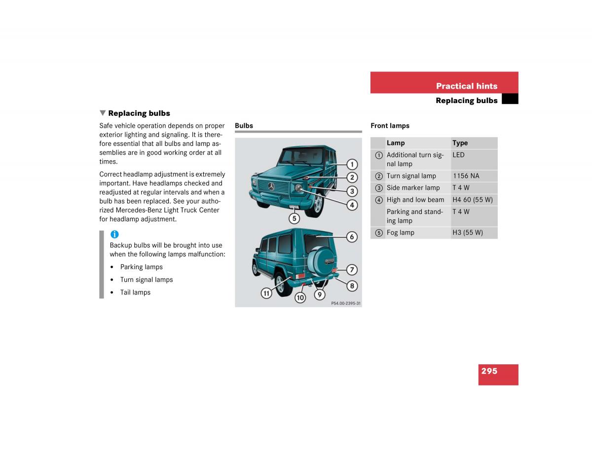 Mercedes Benz G500 G55 AMG owners manual / page 295