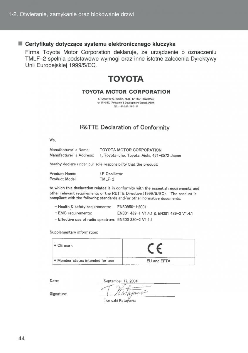 Toyota Auris I 1 instrukcja obslugi / page 46