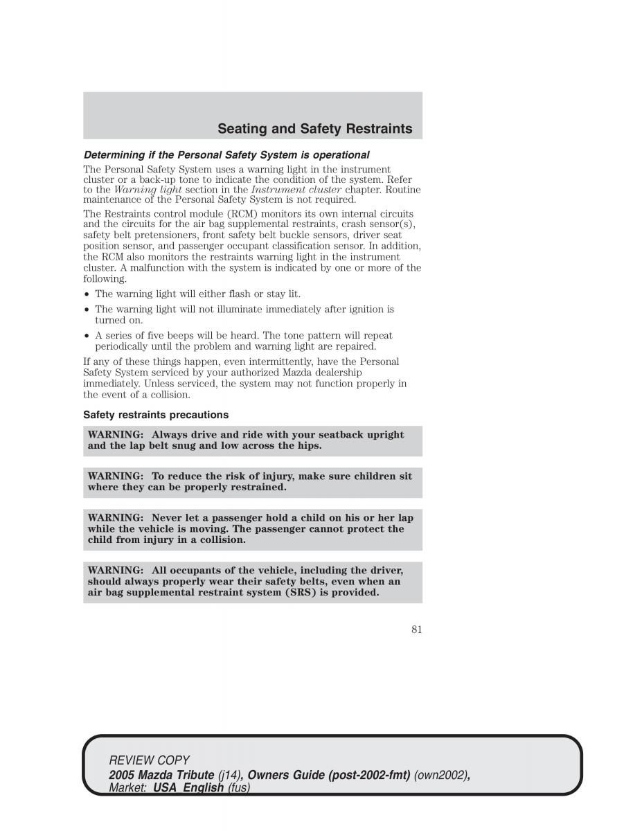 Mazda Tribute owners manual / page 81