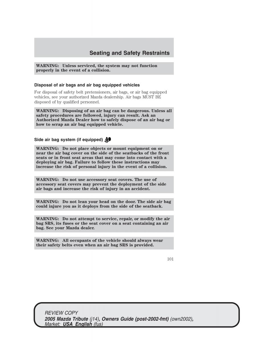 Mazda Tribute owners manual / page 101