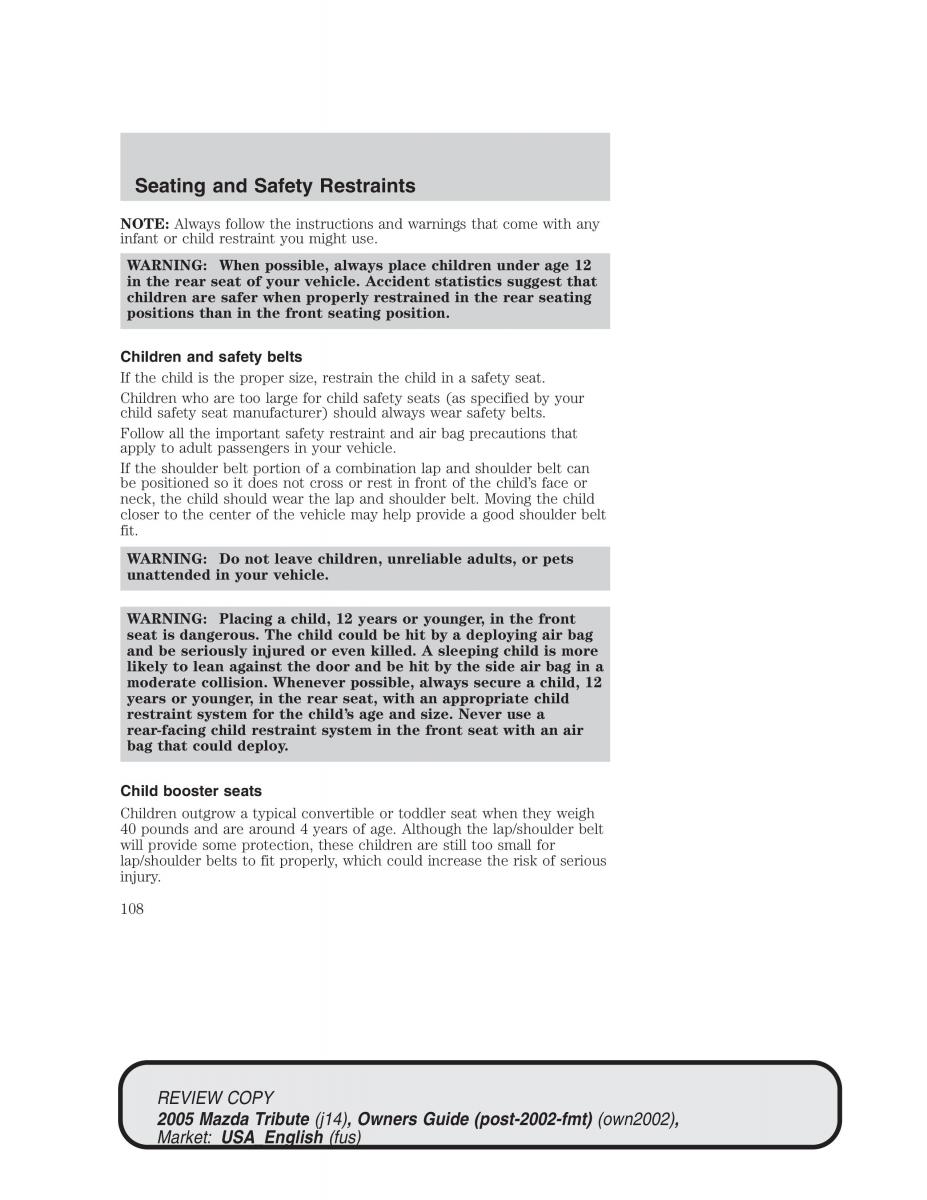 Mazda Tribute owners manual / page 108