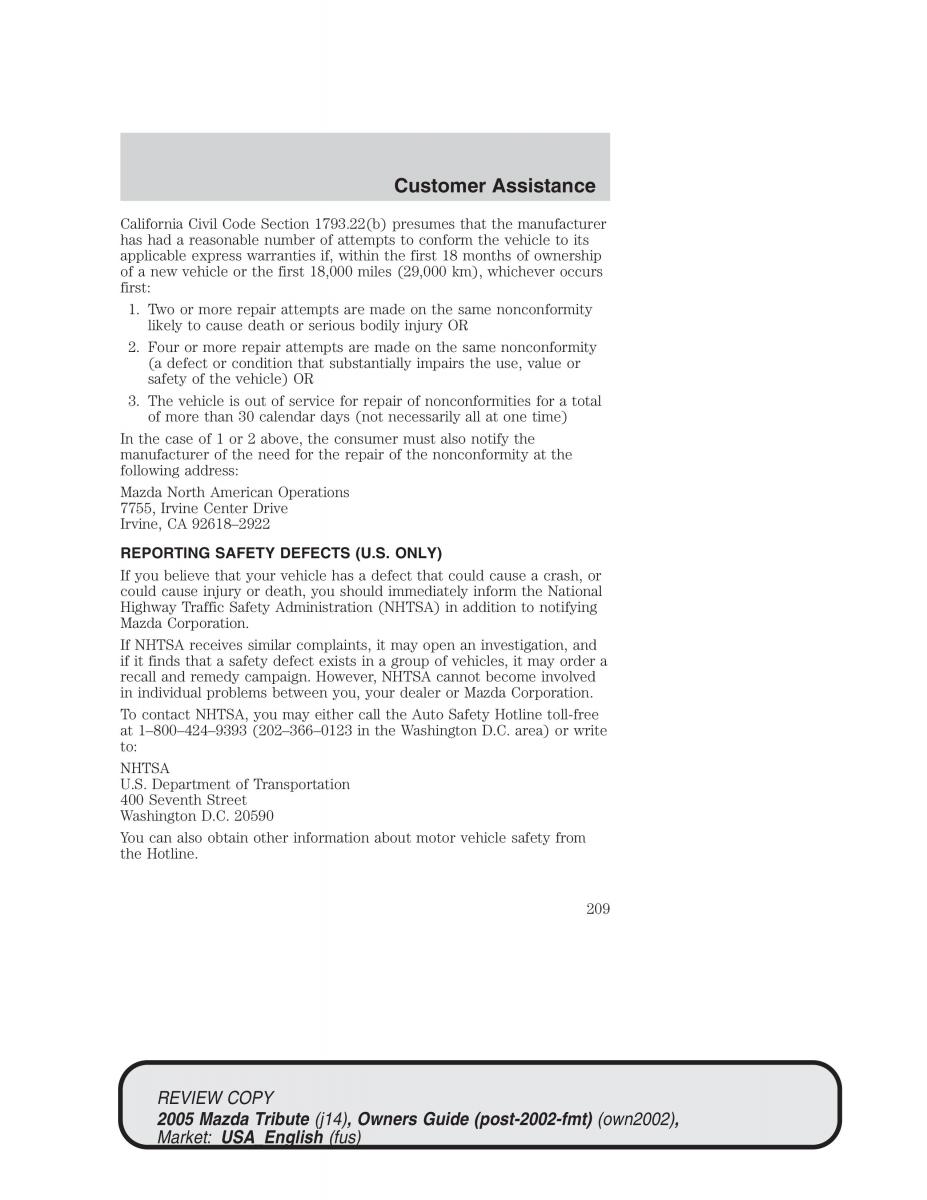 Mazda Tribute owners manual / page 209