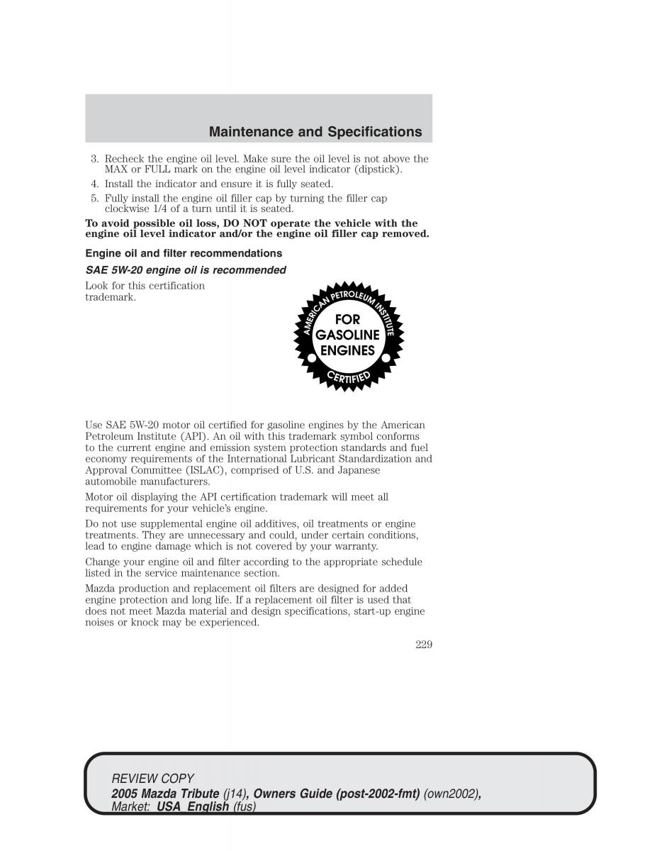 Mazda Tribute owners manual / page 229