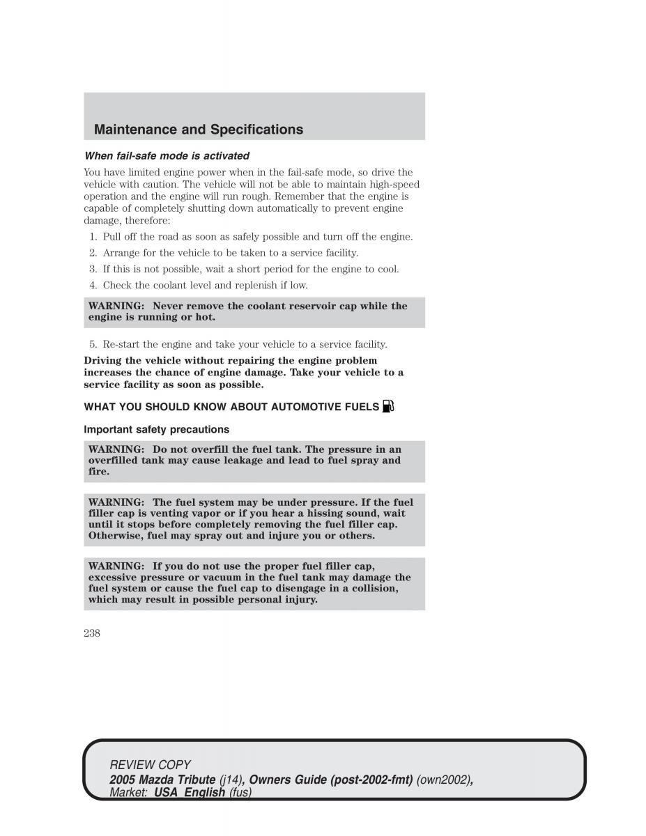 Mazda Tribute owners manual / page 238