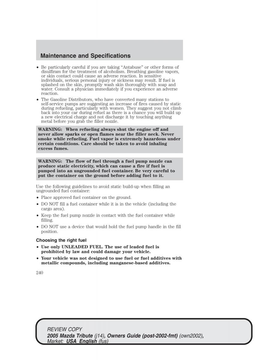 Mazda Tribute owners manual / page 240