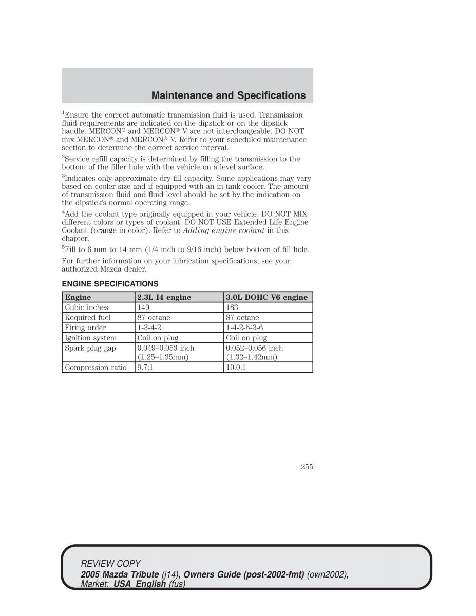 Mazda Tribute owners manual / page 255