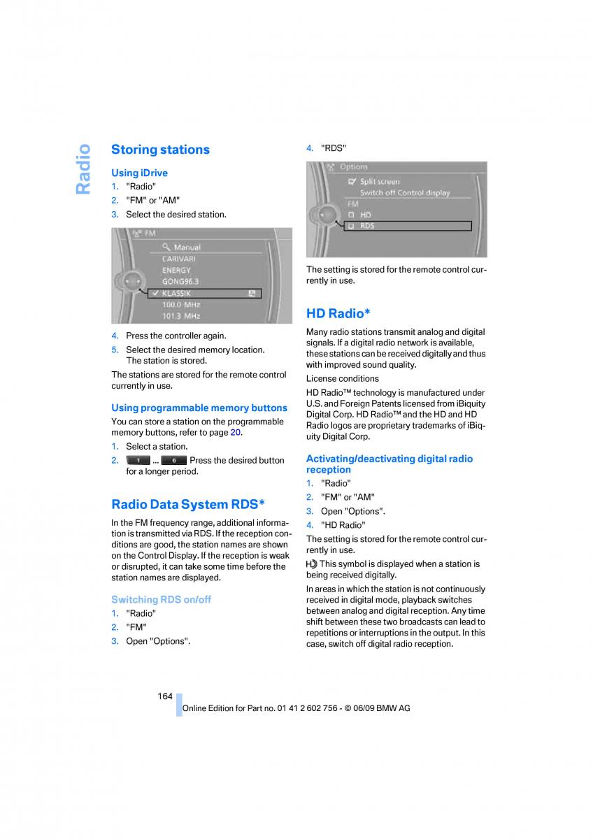 BMW X5 X6 E71 E72 owners manual / page 166