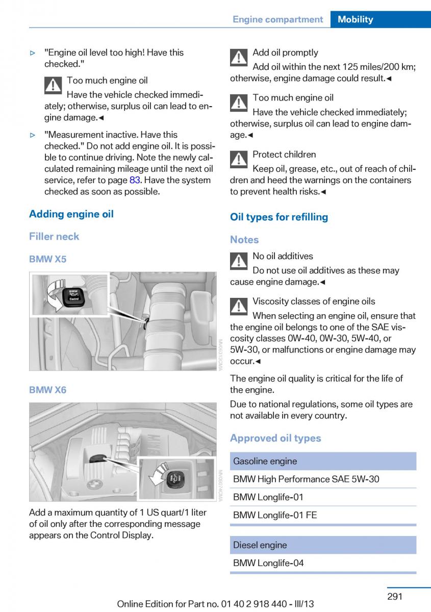 BMW X5 X6 F15 F16 owners manual / page 291