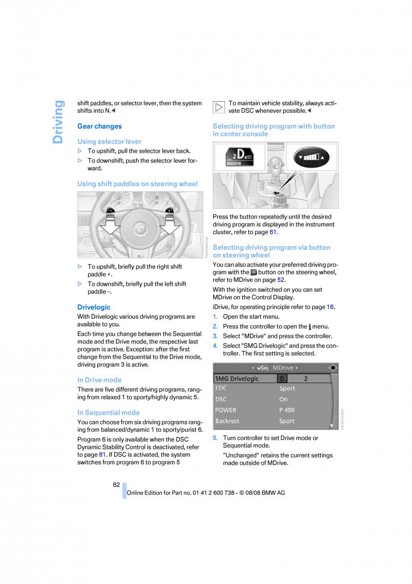 BMW M5 E60 M Power owners manual / page 64