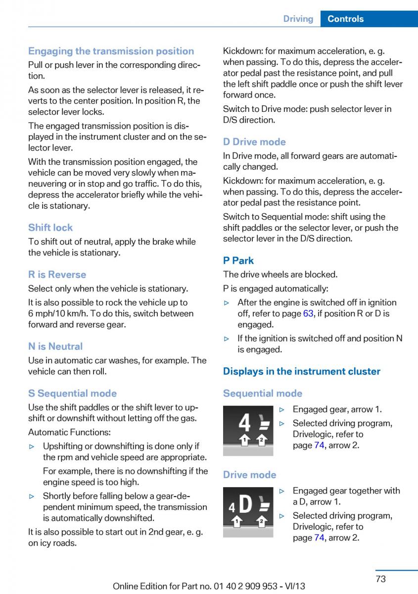 BMW M5 F10 M Power owners manual / page 73