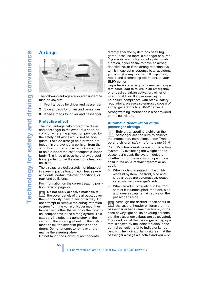 BMW Z4 E85 E86 owners manual / page 58