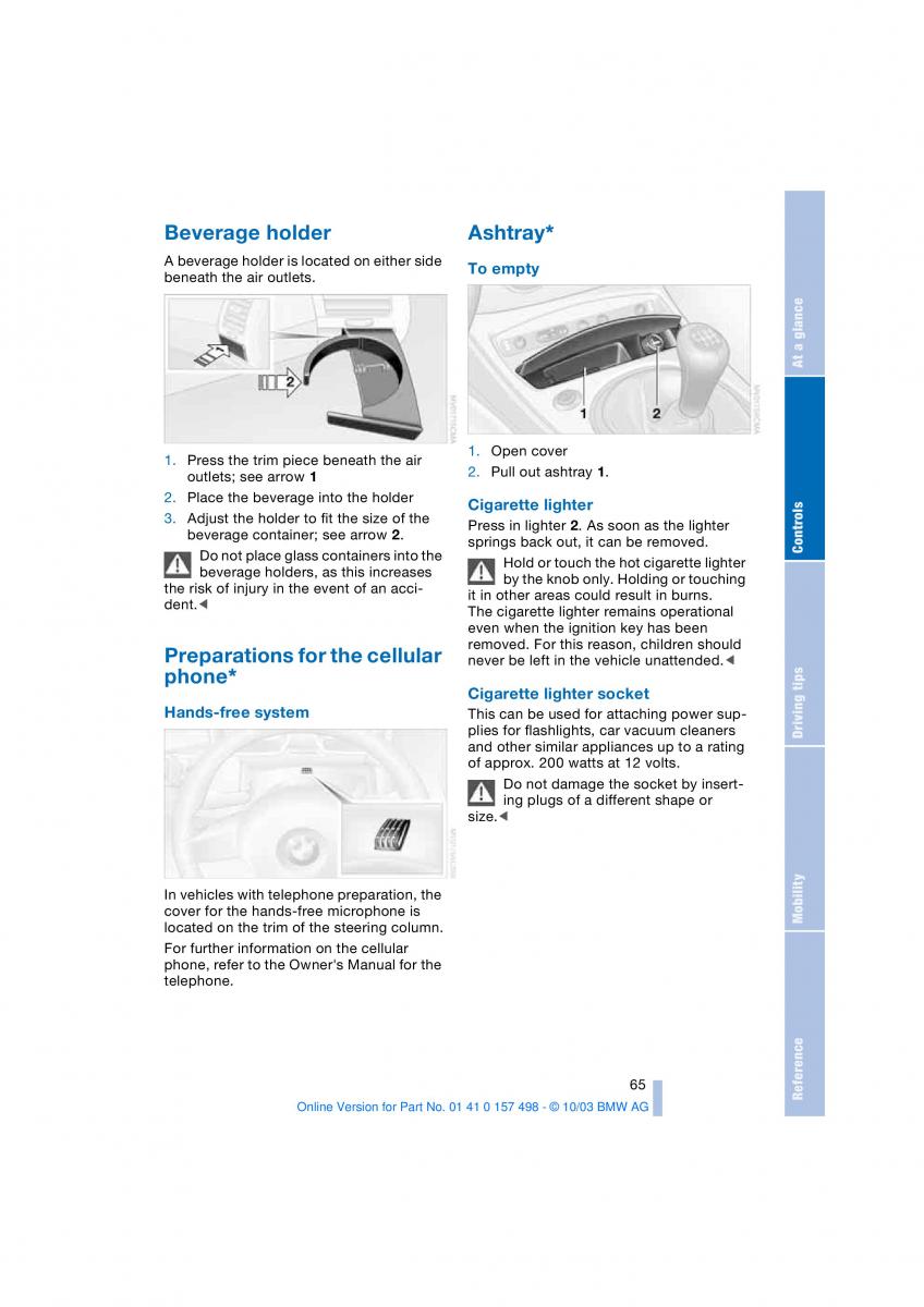 BMW Z4 E85 E86 owners manual / page 67