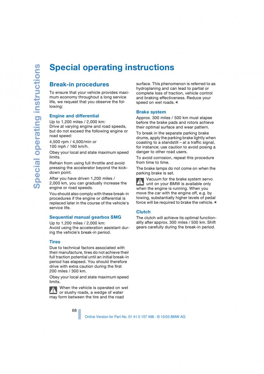 BMW Z4 E85 E86 owners manual / page 70