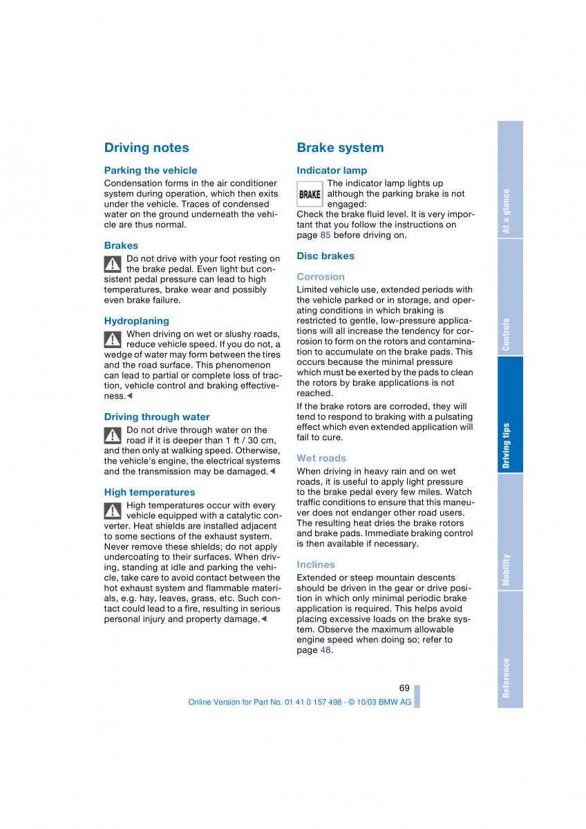 BMW Z4 E85 E86 owners manual / page 71