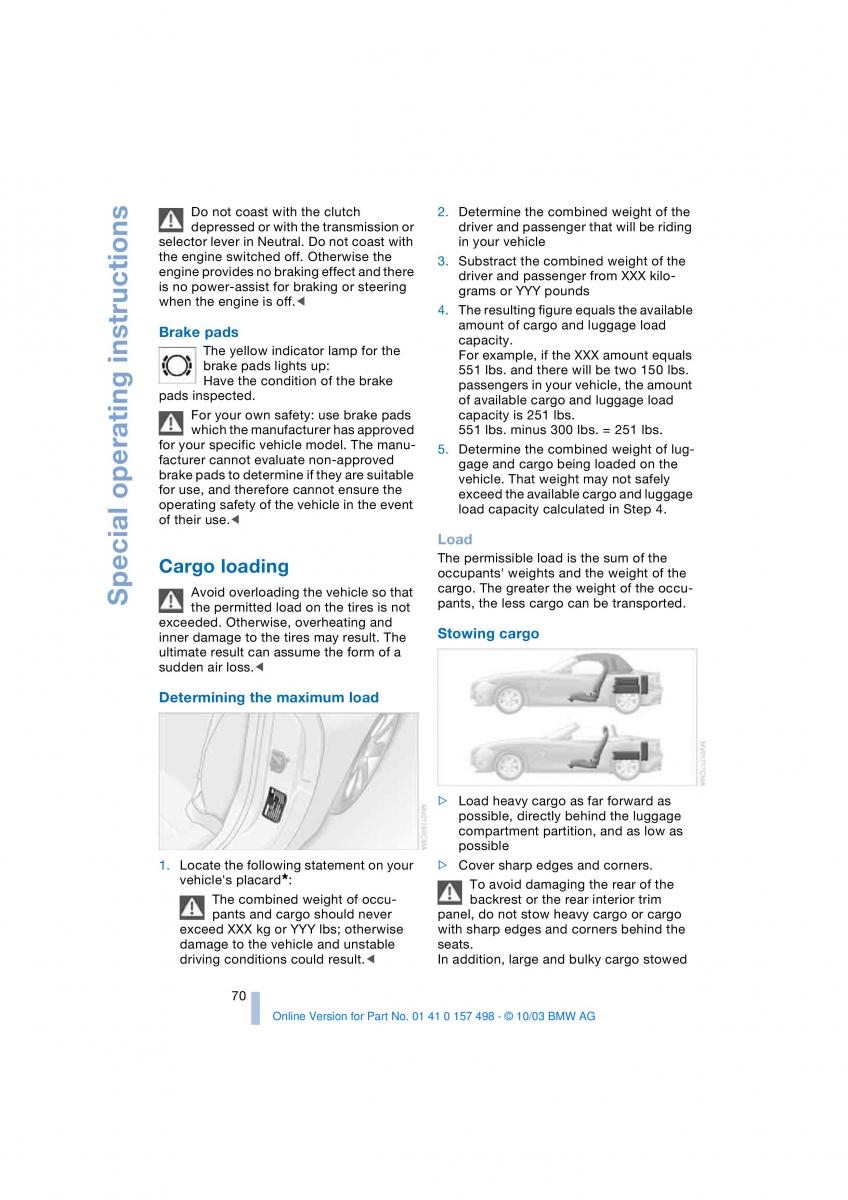 BMW Z4 E85 E86 owners manual / page 72