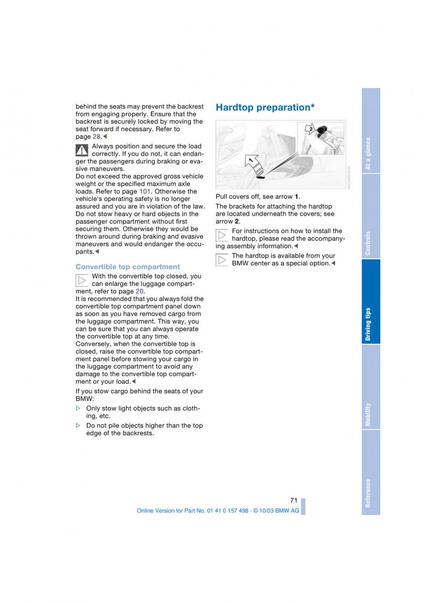 BMW Z4 E85 E86 owners manual / page 73