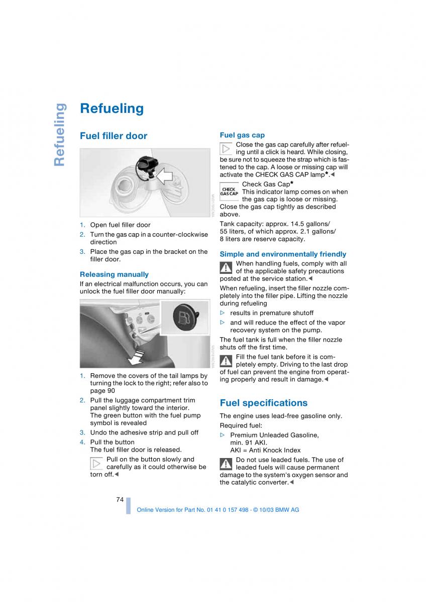 BMW Z4 E85 E86 owners manual / page 76