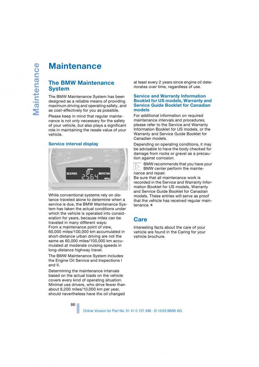 BMW Z4 E85 E86 owners manual / page 88