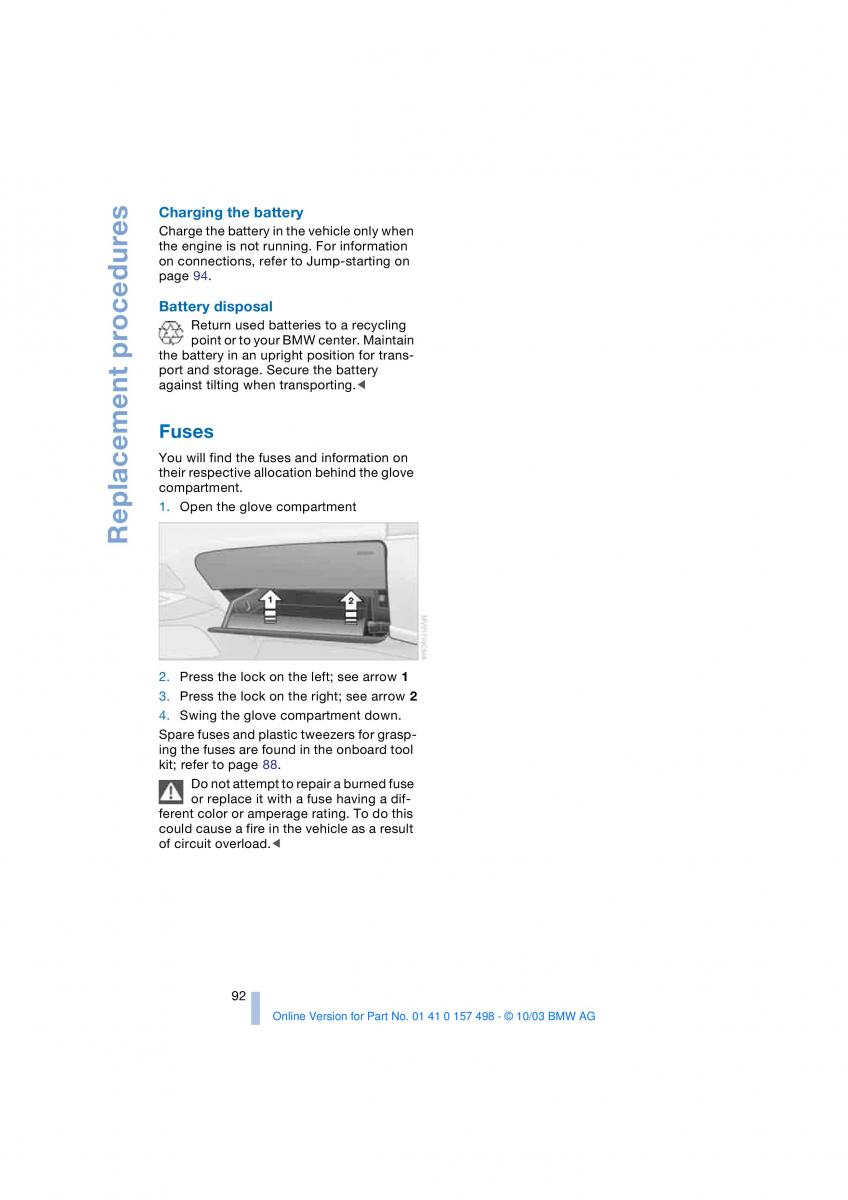 BMW Z4 E85 E86 owners manual / page 94