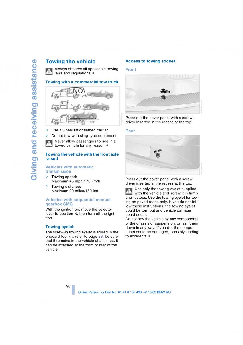 BMW Z4 E85 E86 owners manual / page 98