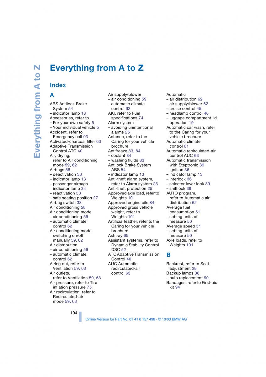 BMW Z4 E85 E86 owners manual / page 106