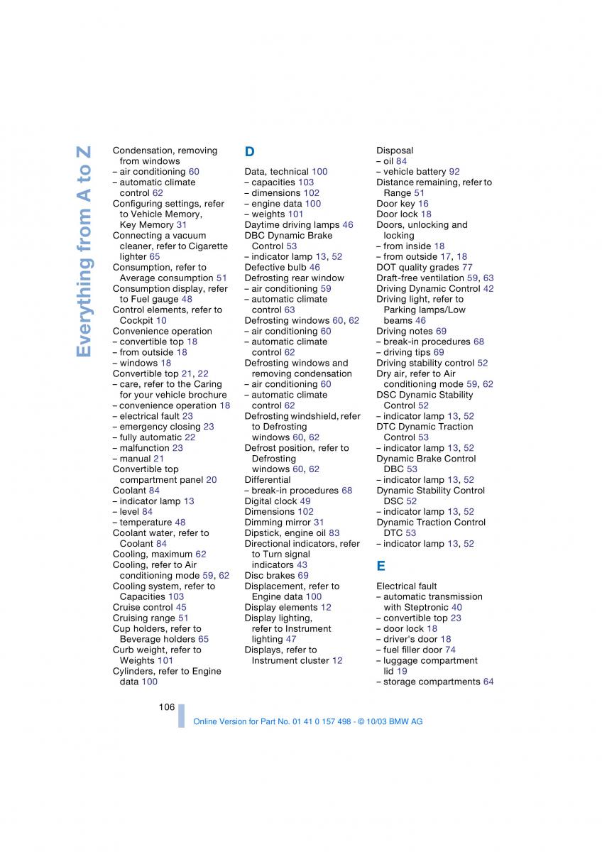 BMW Z4 E85 E86 owners manual / page 108