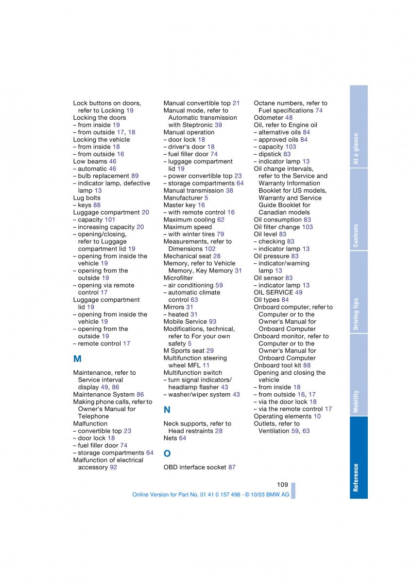 BMW Z4 E85 E86 owners manual / page 111