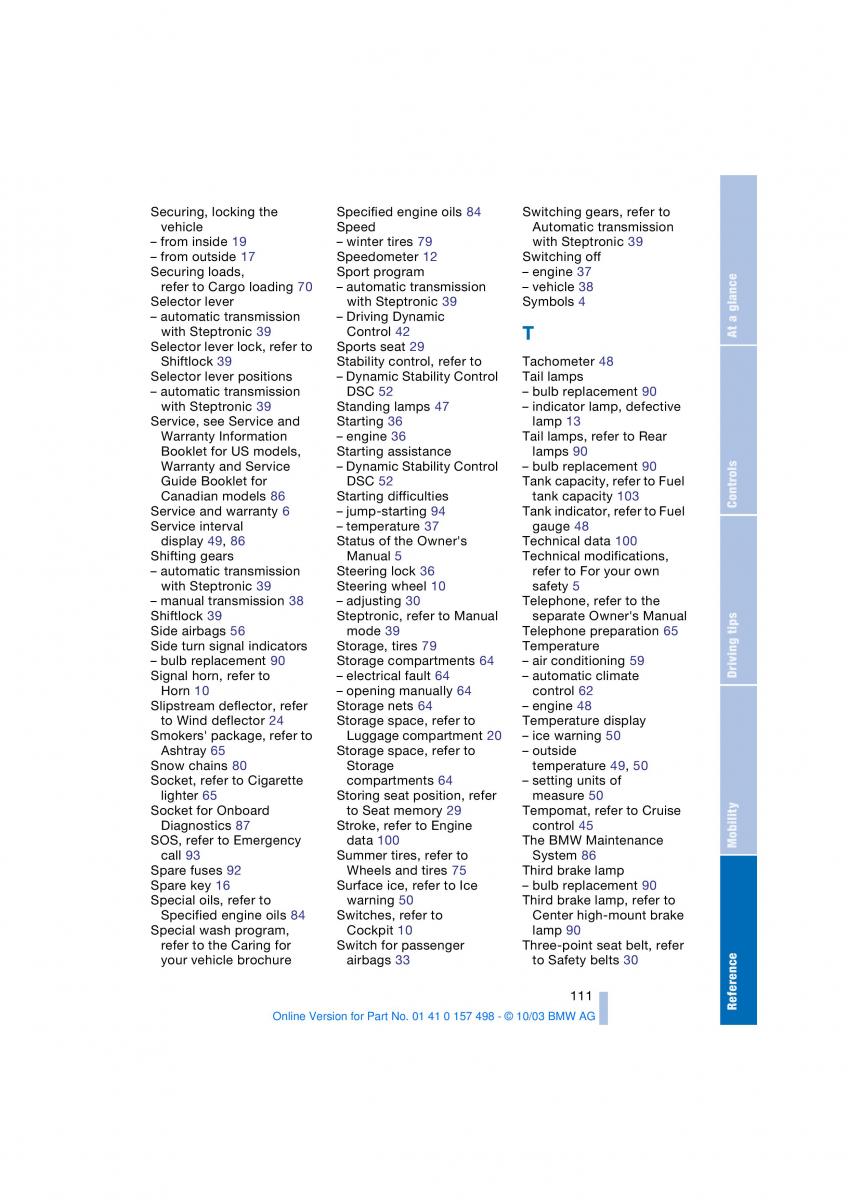 BMW Z4 E85 E86 owners manual / page 113